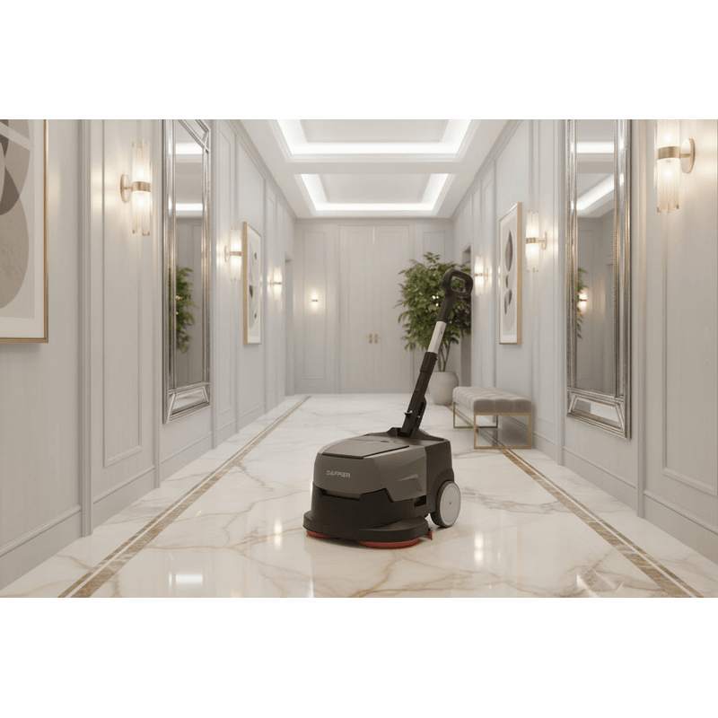 Dapper Supply mini automatic floor scrubber cleaning a marble hallway floor.