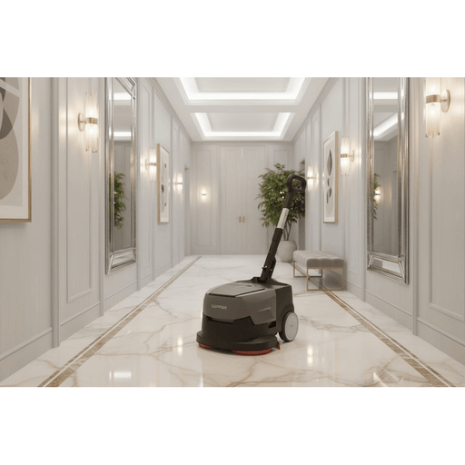 Dapper Supply mini automatic floor scrubber cleaning a marble hallway floor.
