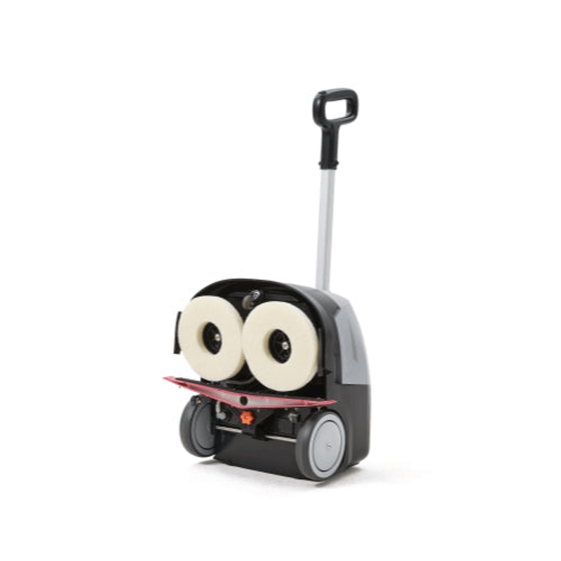 Dapper Supply mini automatic floor scrubber rear view showing dual brushes and squeegee.