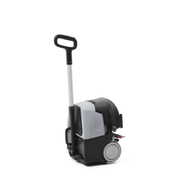 Dapper Supply mini automatic floor scrubber side view with handle raised.