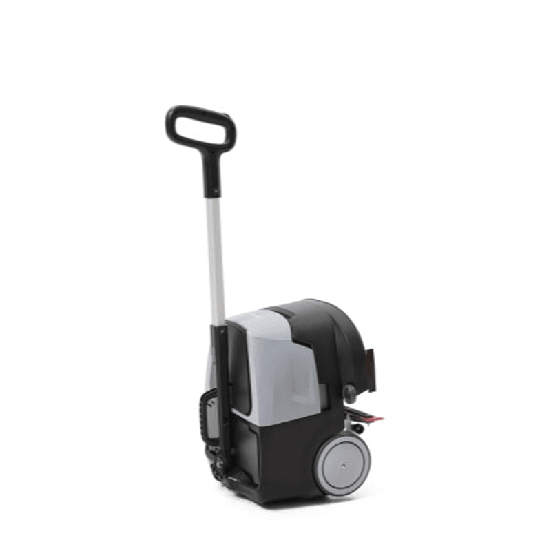 Dapper Supply mini automatic floor scrubber side view with handle raised.