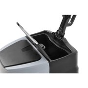 Dapper Supply mini automatic floor scrubber solution tank lid closeup.
