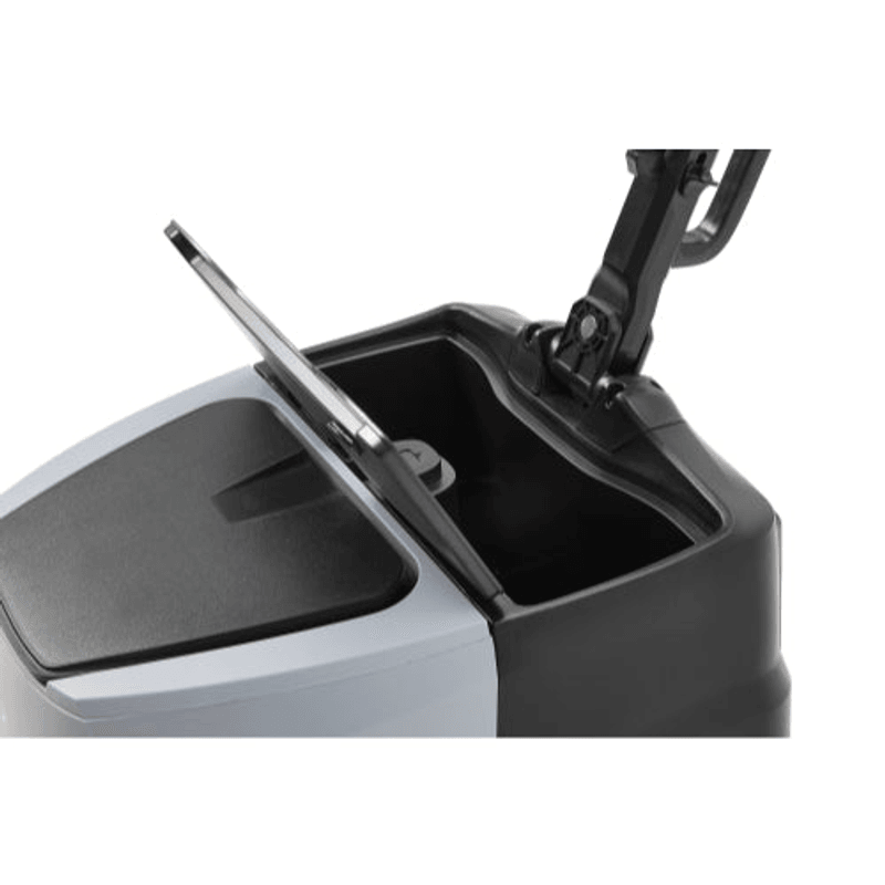 Dapper Supply mini automatic floor scrubber solution tank lid closeup.