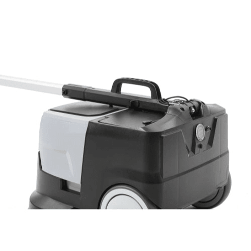 Dapper Supply mini automatic floor scrubber top and handle closeup.