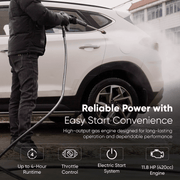 Dapper Supply pressure washer infographic showing the 11.8 HP engine, electric start, and throttle control.