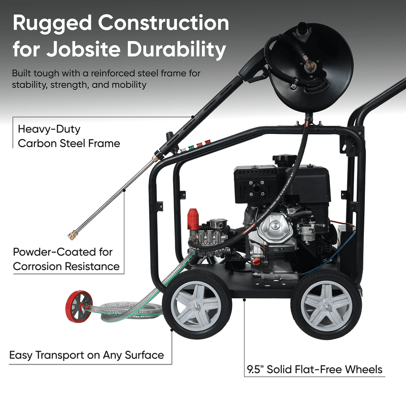 Dapper Supply pressure washer infographic showing the carbon steel frame and 9.5 inch flat-free wheels.