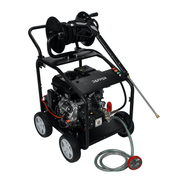 Dapper Supply 4350 PSI gas pressure washer front angle view with hose reel and wand.