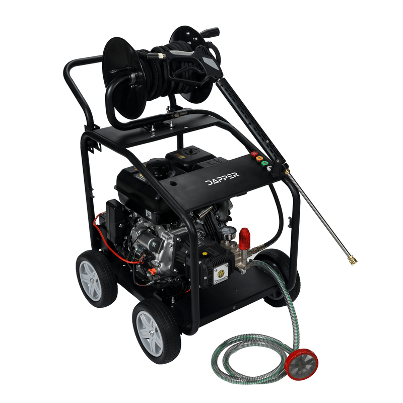 Dapper Supply 4350 PSI gas pressure washer front angle view with hose reel and wand.