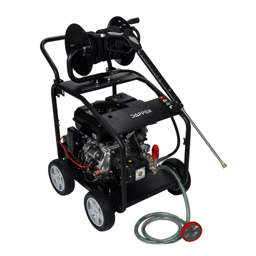 Dapper Supply 4350 PSI gas pressure washer front angle view with hose reel and wand.