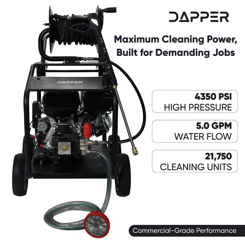 Dapper Supply pressure washer infographic showing 4350 PSI, 5.0 GPM, and 21,750 cleaning units.
