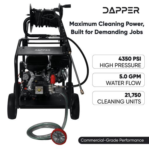 Dapper Supply pressure washer infographic showing 4350 PSI, 5.0 GPM, and 21,750 cleaning units.