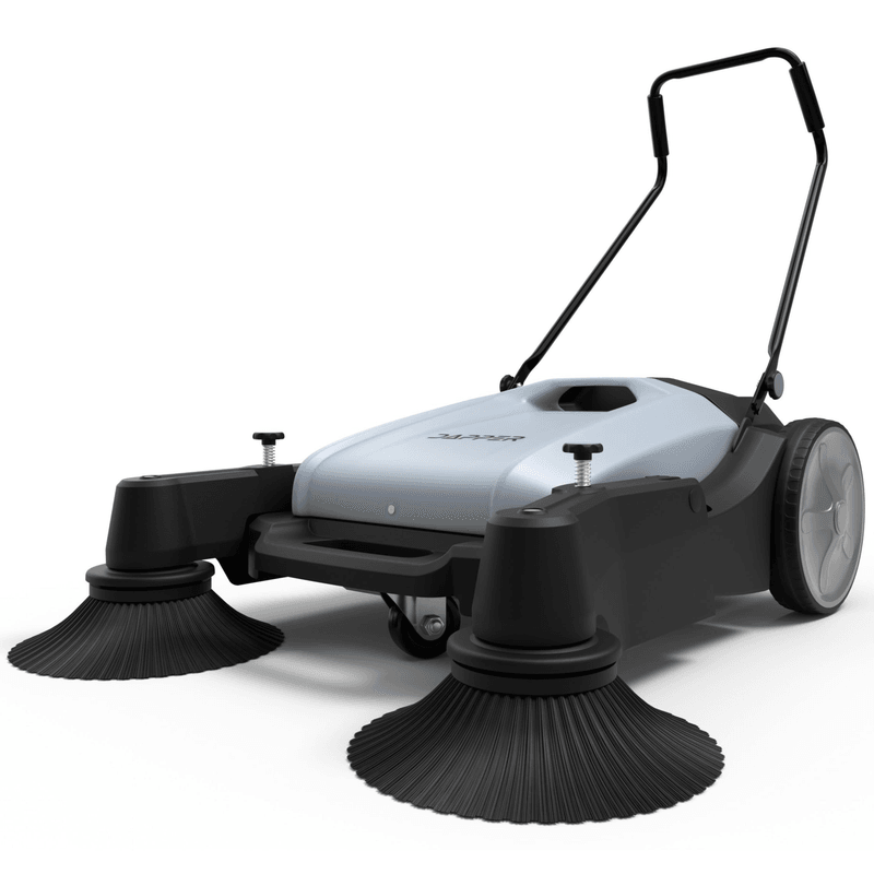 Dapper Supply walk-behind push floor sweeper angle view.