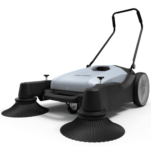Dapper Supply walk-behind push floor sweeper angle view.