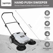 Dapper Supply push floor sweeper dimensions infographic showing the human-powered walk-behind design.