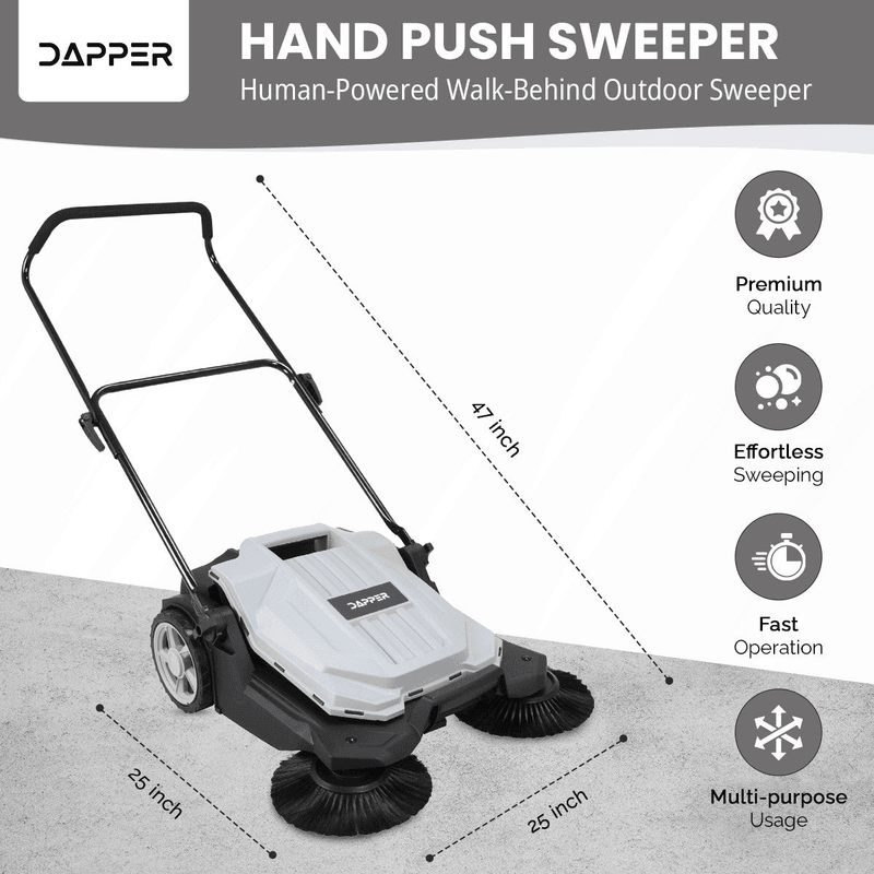 Dapper Supply push floor sweeper dimensions infographic showing the human-powered walk-behind design.
