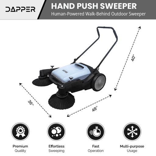 Dapper Supply push floor sweeper infographic showing 36 by 48 by 40 inch dimensions.