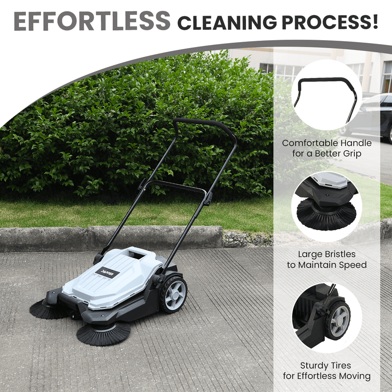 Dapper Supply push floor sweeper highlighting its comfortable handle, large bristles, and sturdy tires.