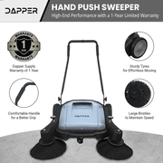 Dapper Supply push floor sweeper infographic highlighting handle, tires, bristles, and warranty.