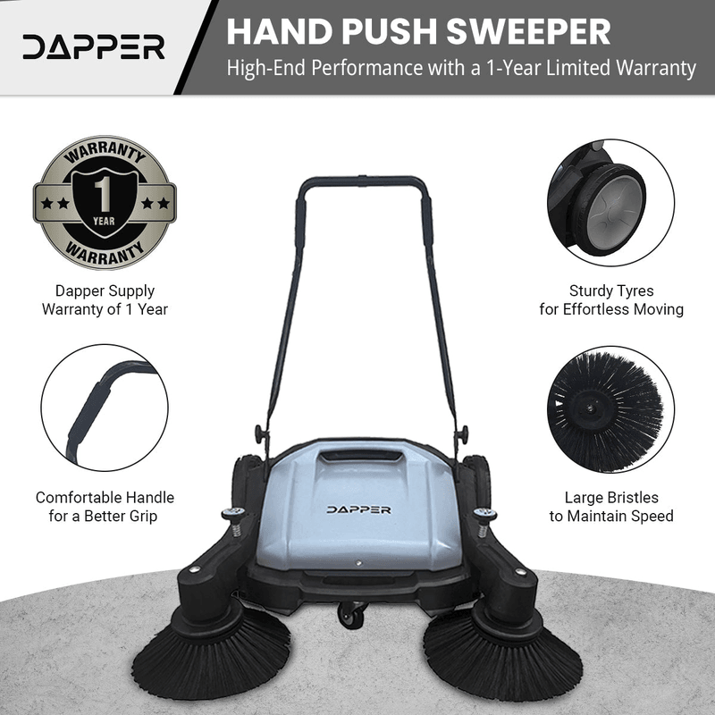 Dapper Supply push floor sweeper infographic highlighting handle, tires, bristles, and warranty.