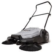 Dapper Supply walk-behind push floor sweeper shown at a front angle with twin side brushes.