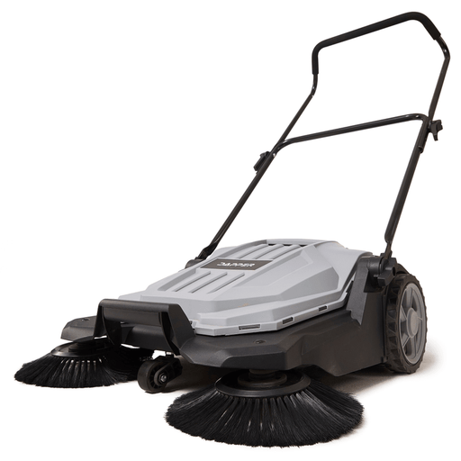 Dapper Supply walk-behind push floor sweeper shown at a front angle with twin side brushes.