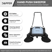Dapper Supply push floor sweeper infographic listing capacity, width, and speed specs.