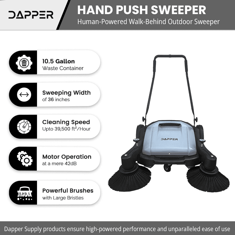 Dapper Supply push floor sweeper infographic listing capacity, width, and speed specs.