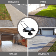 Dapper Supply push floor sweeper infographic showing sidewalk, patio, garage, and driveway use.