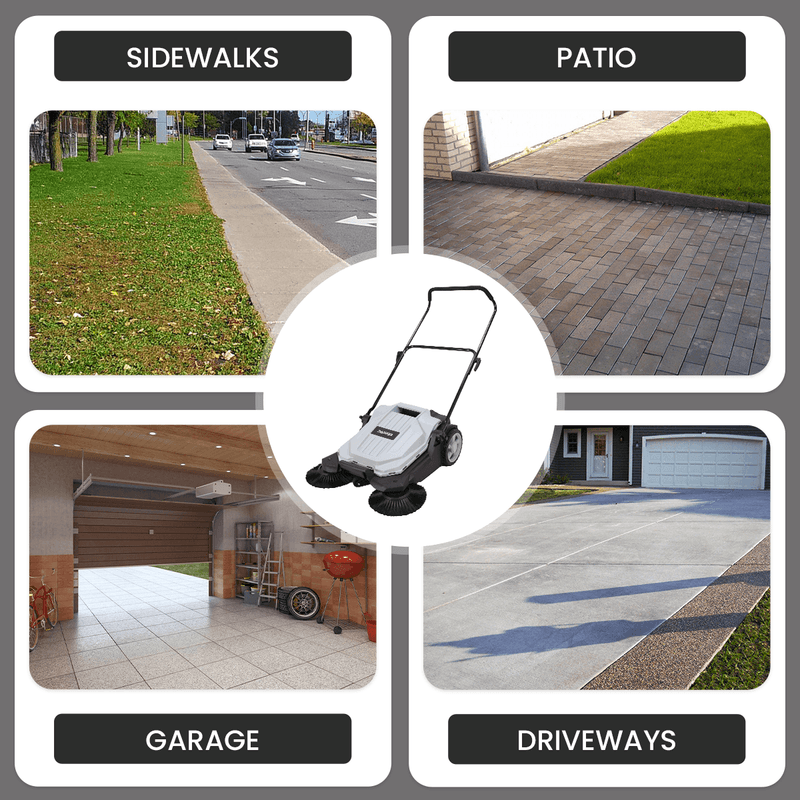 Dapper Supply push floor sweeper use cases on sidewalks, patios, garages, and driveways.