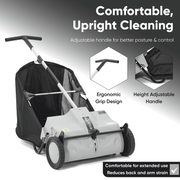 Dapper Supply push lawn sweeper infographic showing adjustable ergonomic handle.
