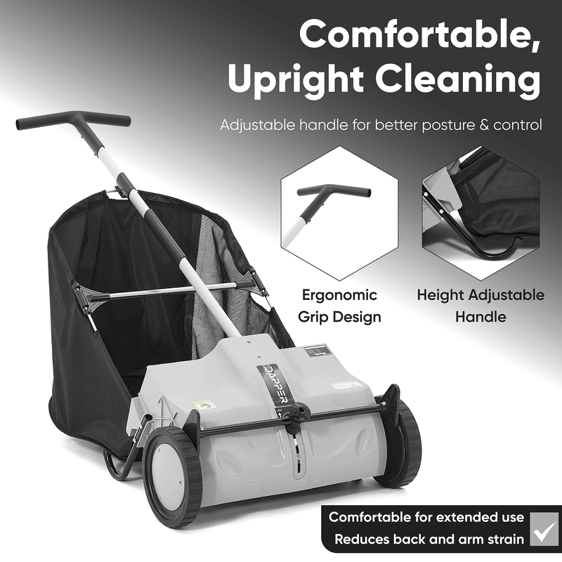 Dapper Supply push lawn sweeper infographic showing adjustable ergonomic handle.