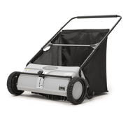 Dapper Supply push lawn sweeper angled view with hopper bag and reinforced brushes.