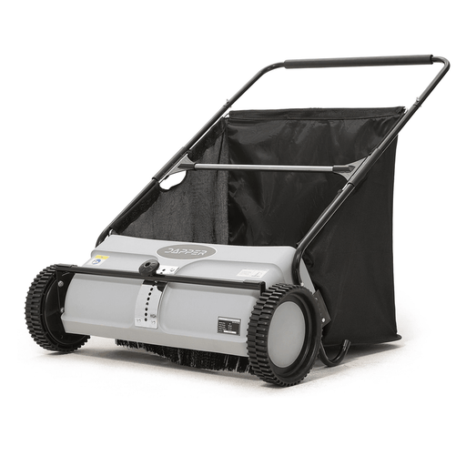 Dapper Supply push lawn sweeper angled view with hopper bag and reinforced brushes.