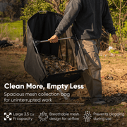Dapper Supply push lawn sweeper infographic showing 3.5 cu. ft. mesh collection bag.