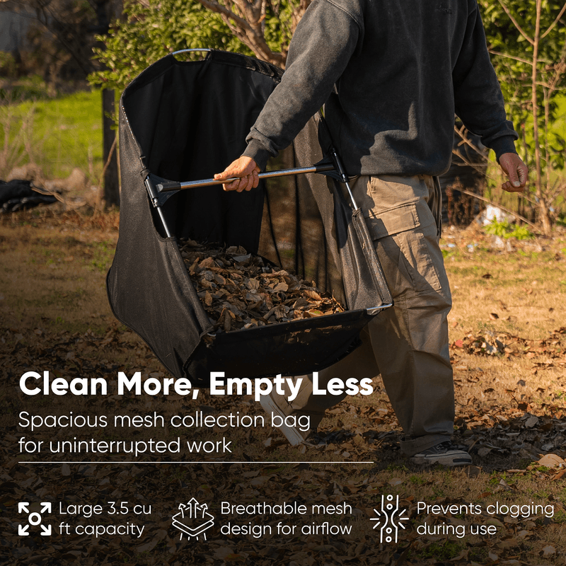 Dapper Supply push lawn sweeper infographic showing 3.5 cu. ft. mesh collection bag.