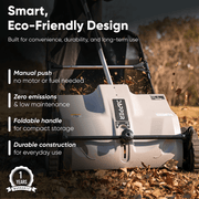 Dapper Supply push lawn sweeper infographic showing manual push eco-friendly design.