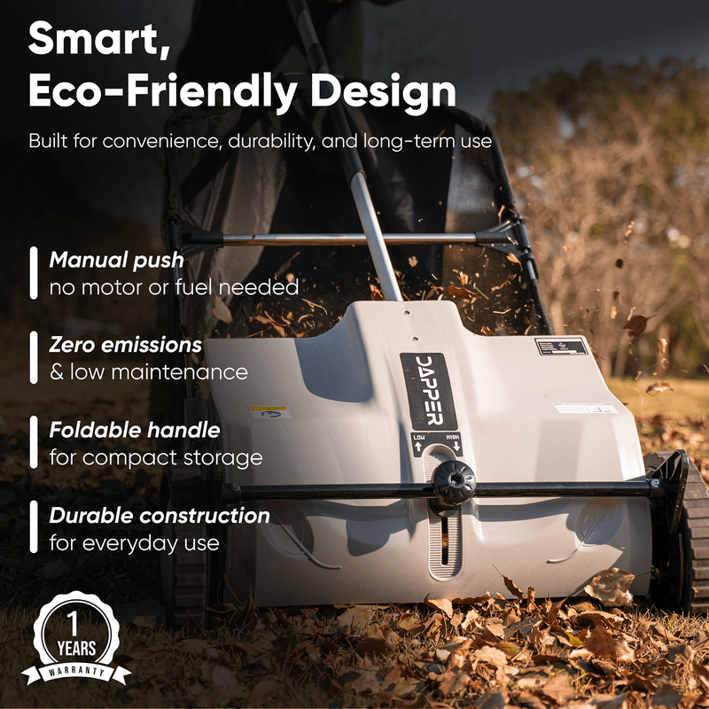 Dapper Supply push lawn sweeper infographic showing manual push eco-friendly design.