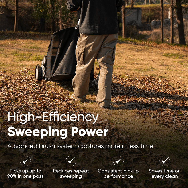 Dapper Supply push lawn sweeper infographic showing up to 90 percent pickup in one pass.