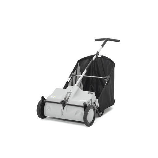Dapper Supply 22-inch push lawn sweeper front angle with mesh collection bag.