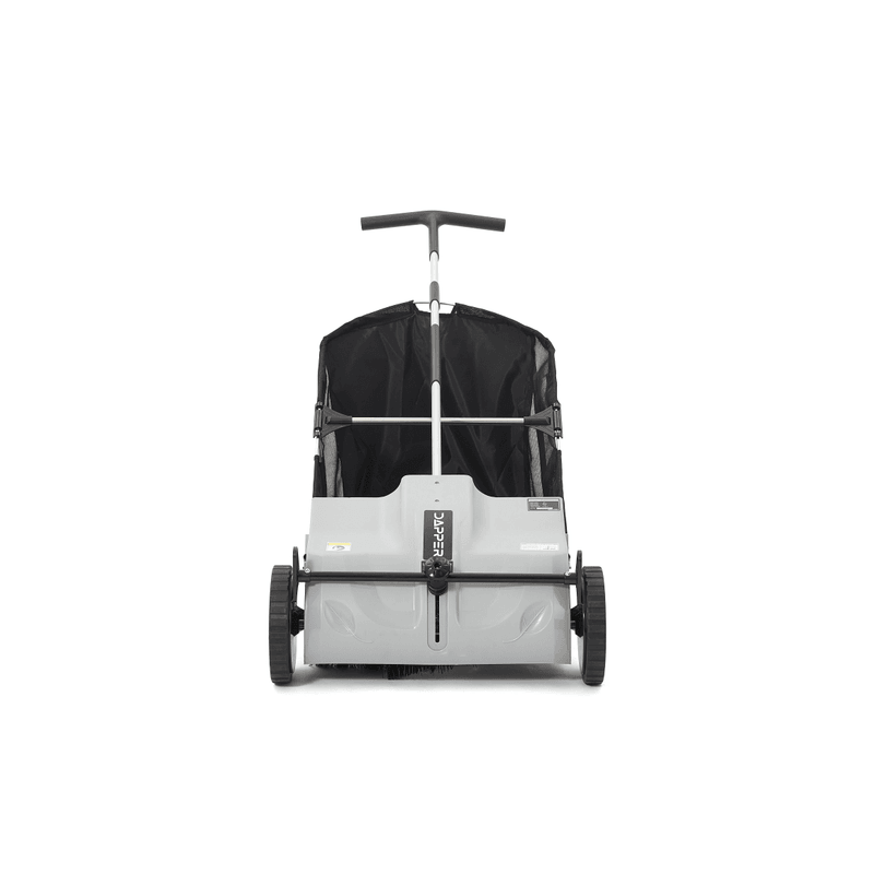 Dapper Supply push lawn sweeper front view showing brushes and wheels.