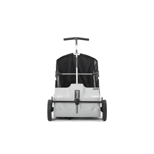 Dapper Supply push lawn sweeper front view showing brushes and wheels.