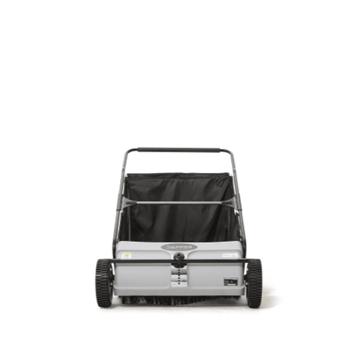 Dapper Supply push lawn sweeper front view showing brush roller and wheels.
