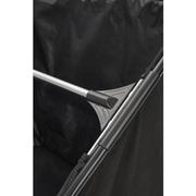 Dapper Supply push lawn sweeper closeup of the hopper bag support arm.
