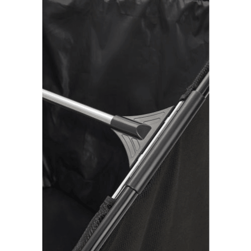 Dapper Supply push lawn sweeper closeup of the hopper bag support arm.