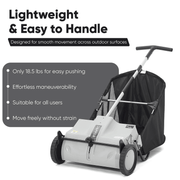 Dapper Supply push lawn sweeper infographic showing 18.5 lb lightweight design.