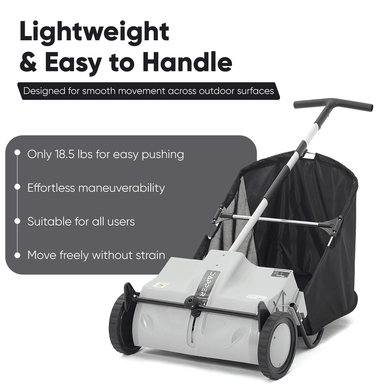 Dapper Supply push lawn sweeper infographic showing 18.5 lb lightweight design.