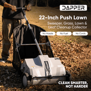 Dapper Supply push lawn sweeper infographic showing no hassle, no fuel, no cords cleaning.