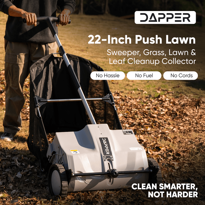 Dapper Supply push lawn sweeper infographic showing no hassle, no fuel, no cords cleaning.