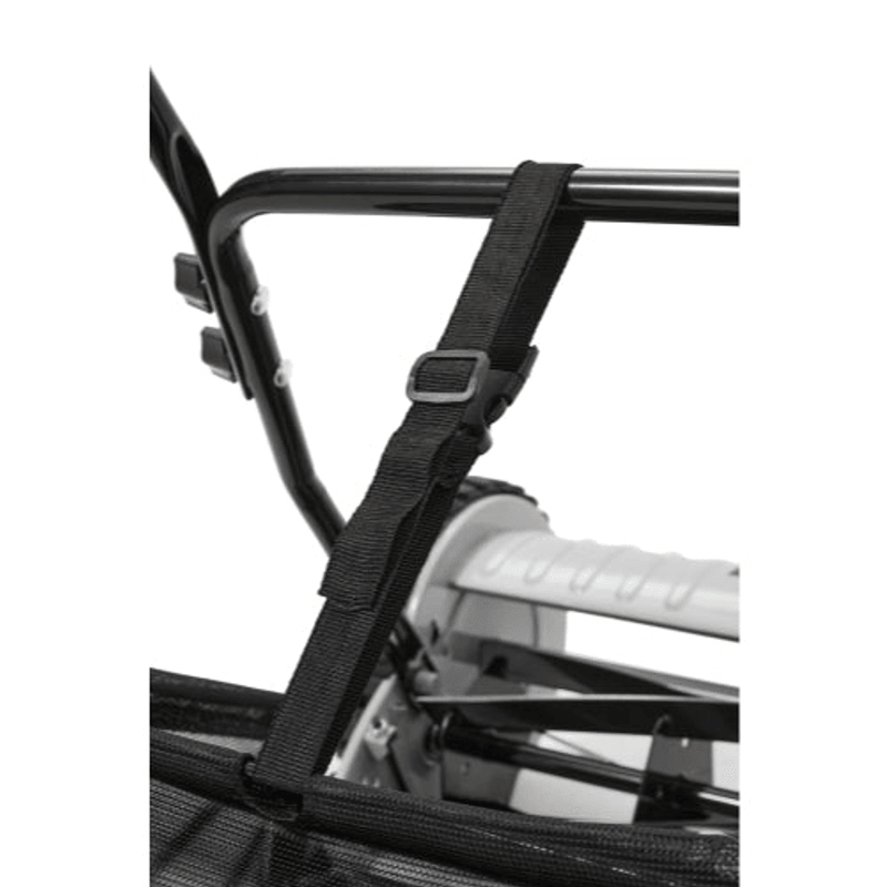 Dapper Supply push reel lawn mower grass catcher mounting strap and frame detail.