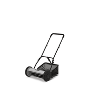 Dapper Supply 16-inch push reel lawn mower front angle with grass catcher bag.